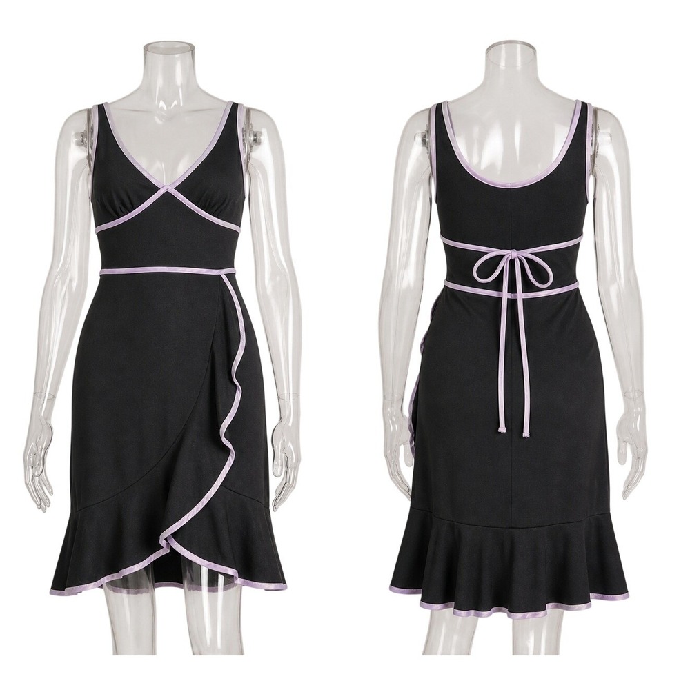 Alyn Paige Womens Size M Black Midi Dress Lavender Trim Wrap‎ Ruffle V-Neck